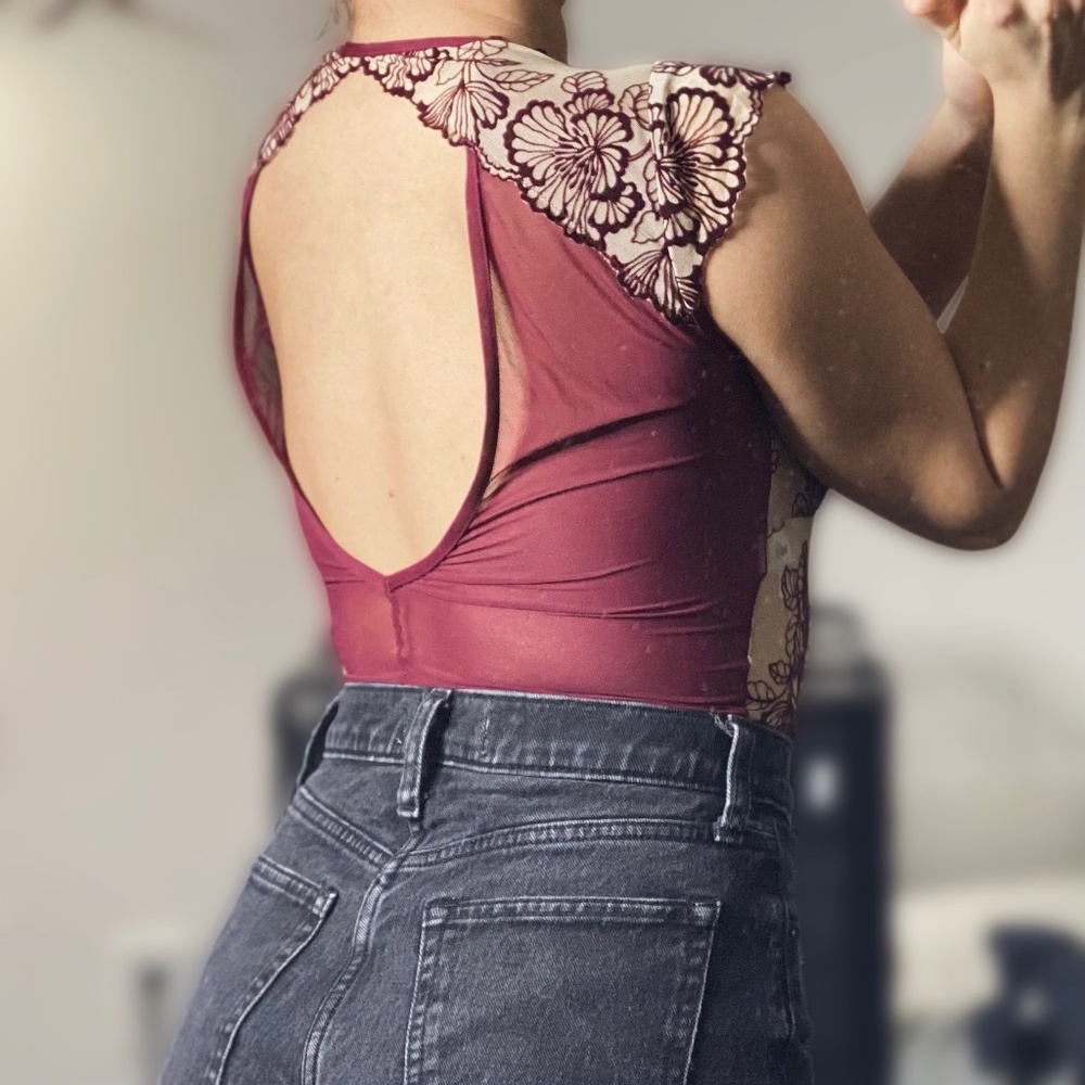 ❌SOLD ❌ Burgundy Floral Lingerie Bodysuit - Picture 3 of 3